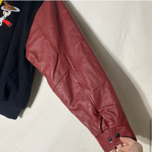 Vintage Chicken On The Way Wool Bomber With Leather Sleeves And Trim XL - Picture 13 of 15